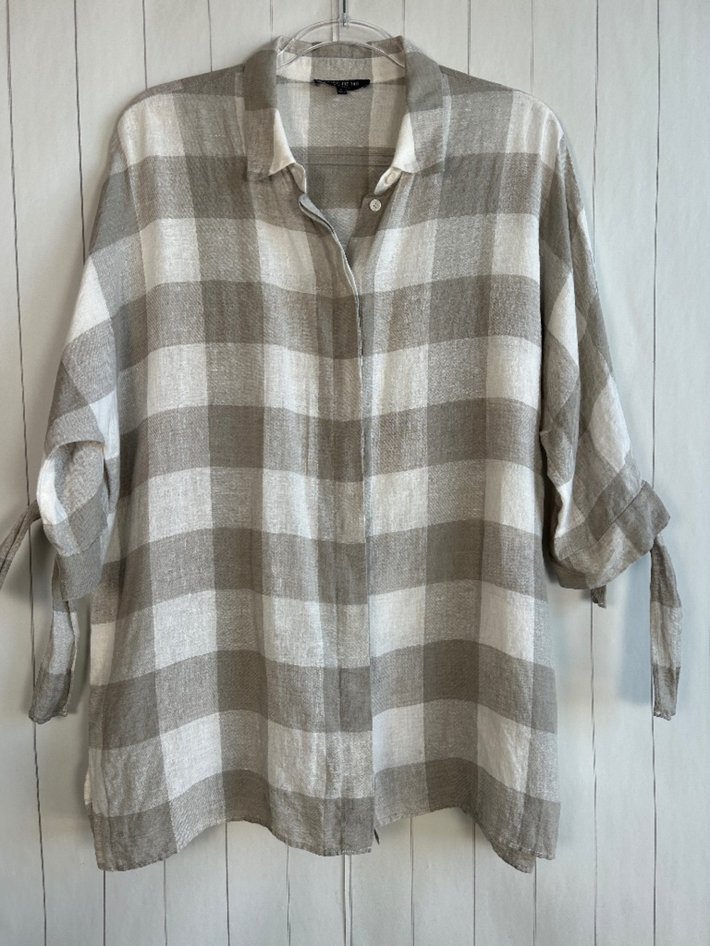 Lafayette 148 size L linen button front shirt plaid gray tie sleeve relaxed fit